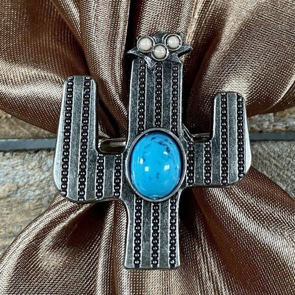 Silver Turquoise Cactus Western Scarf Slide Tee Clip - Picture 1 of 2